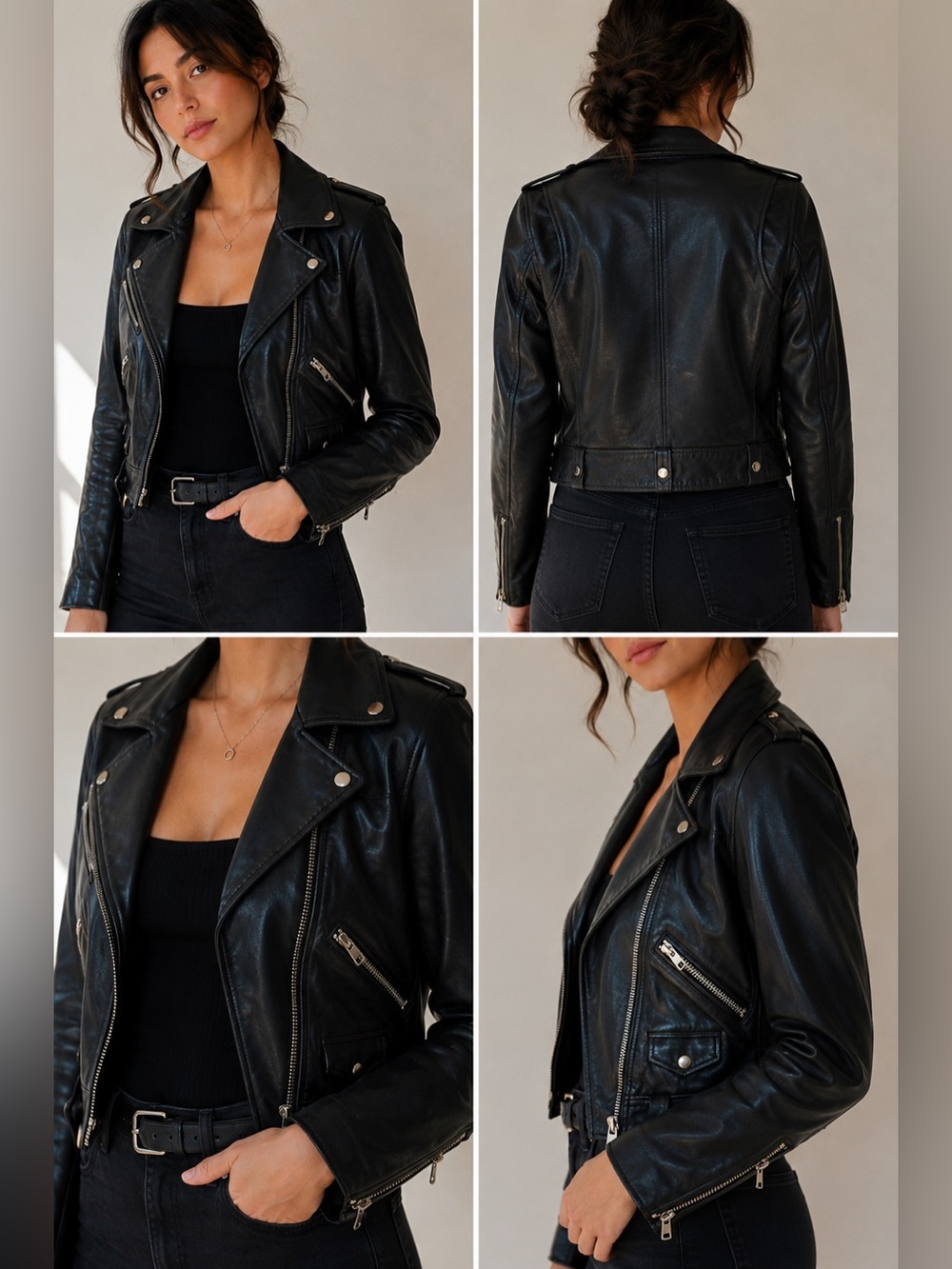 ALLSAINTS Black Sheep Leather Moto Biker Jacket Cropped Size 4 - Picture 16 of 16